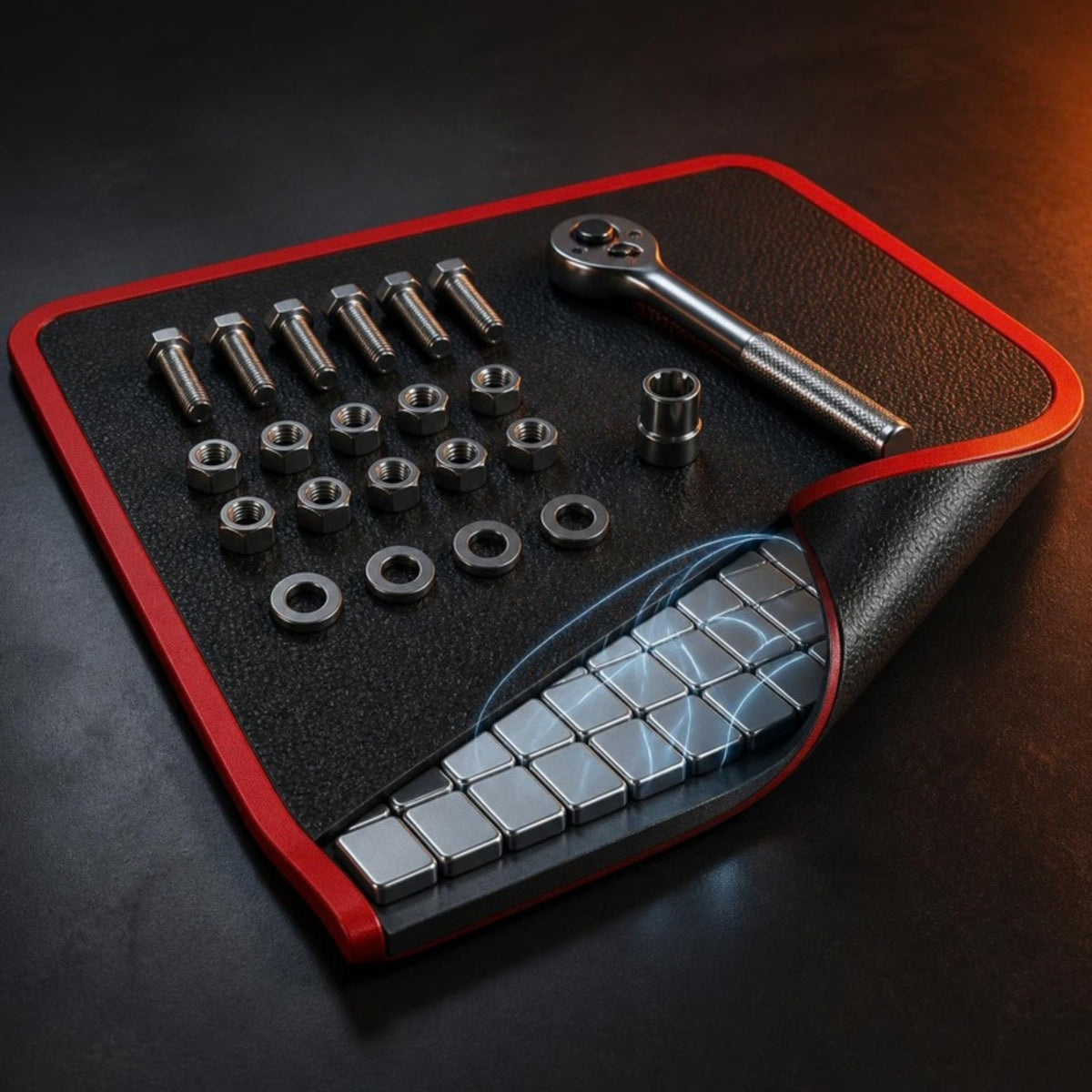 Cutaway of the magnetic tool mat showing the powerful magnets inside