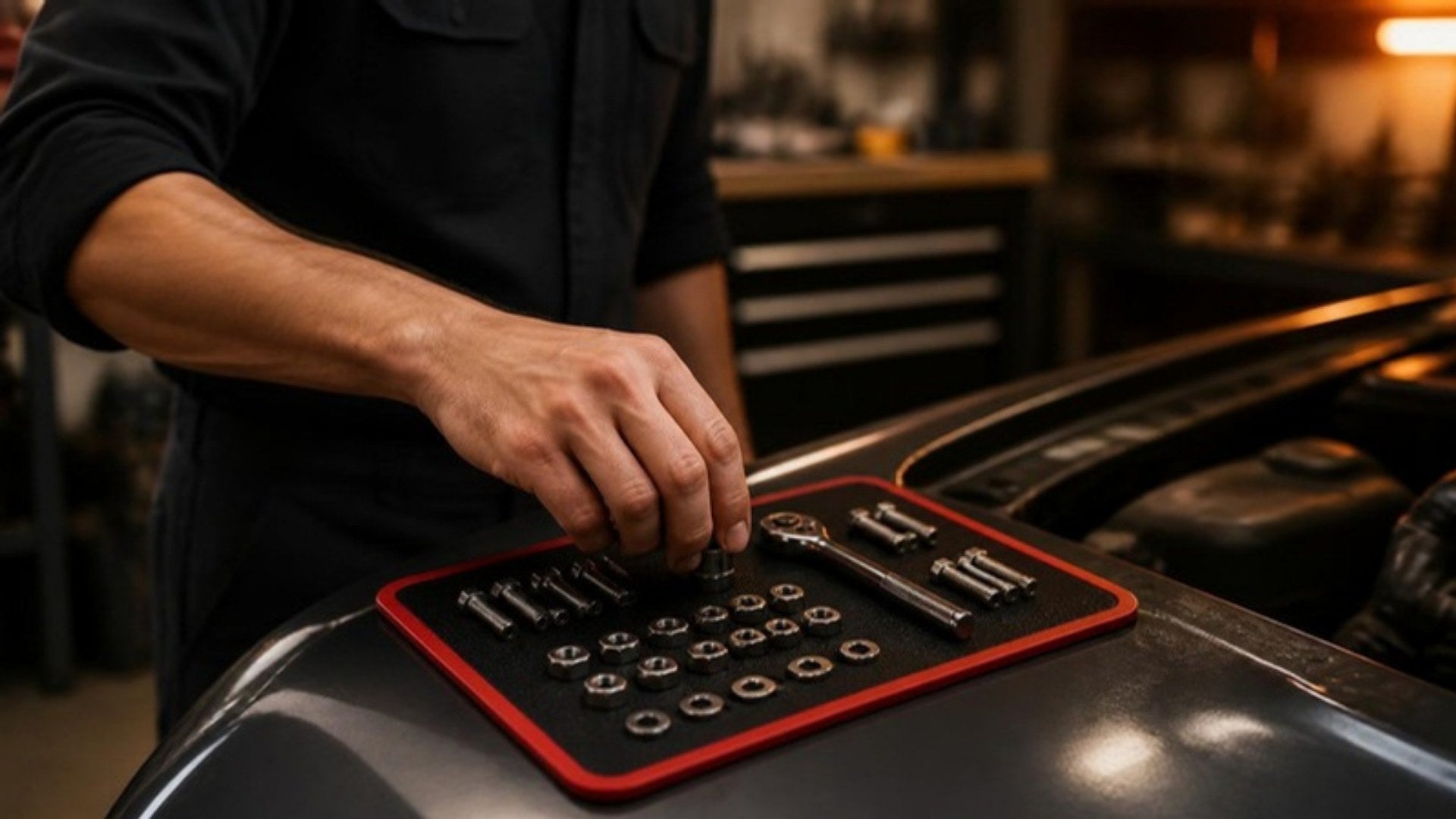 Mechanic taking a socket from a magnetic tool mat on a car fender